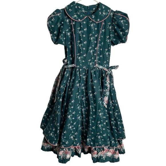 Vtg Daisy Kingdom Girls Handmade Cotton Floral Fancy Party Dress Green Ruffle - Picture 1 of 6